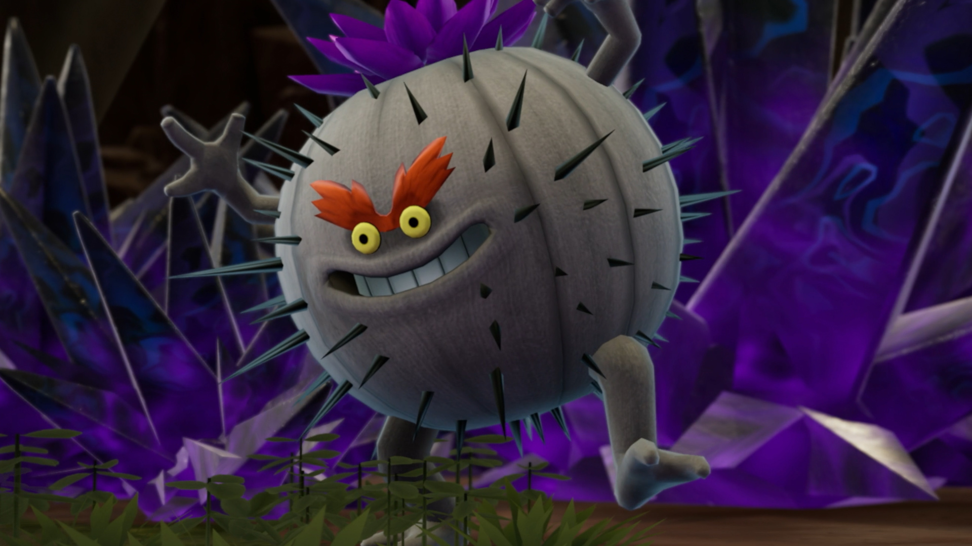 Barbarito, a grey, round cactus monster, threatens the party in Dragon Quest Monsters: The Withered World