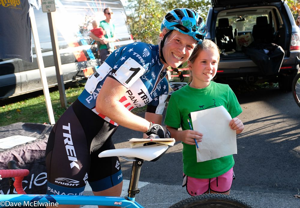 US Champion Katie Compton (Trek Panache) signing autographs for some children after the race.