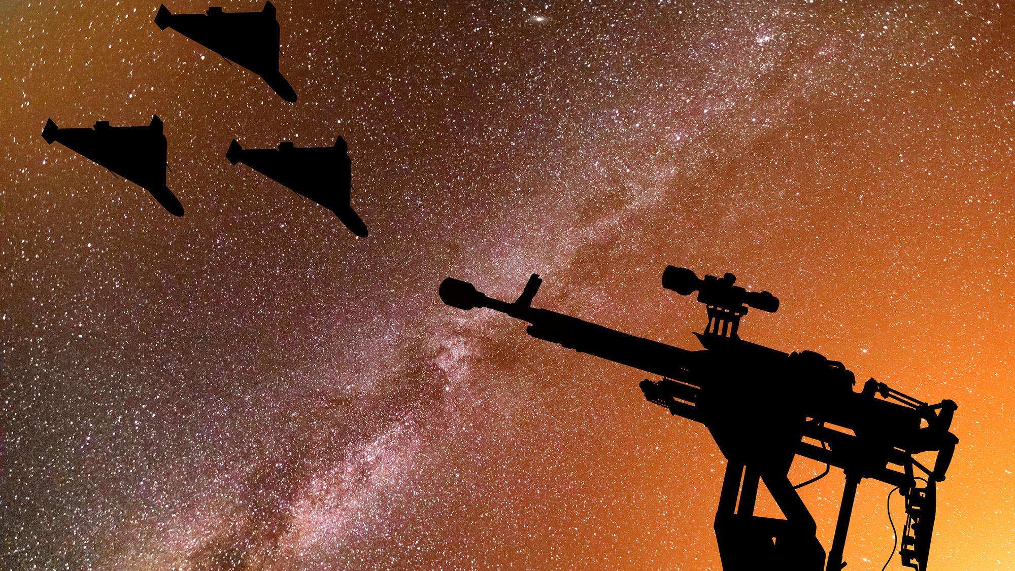Silhouettes of drones and machine guns are seen against an orange space background
