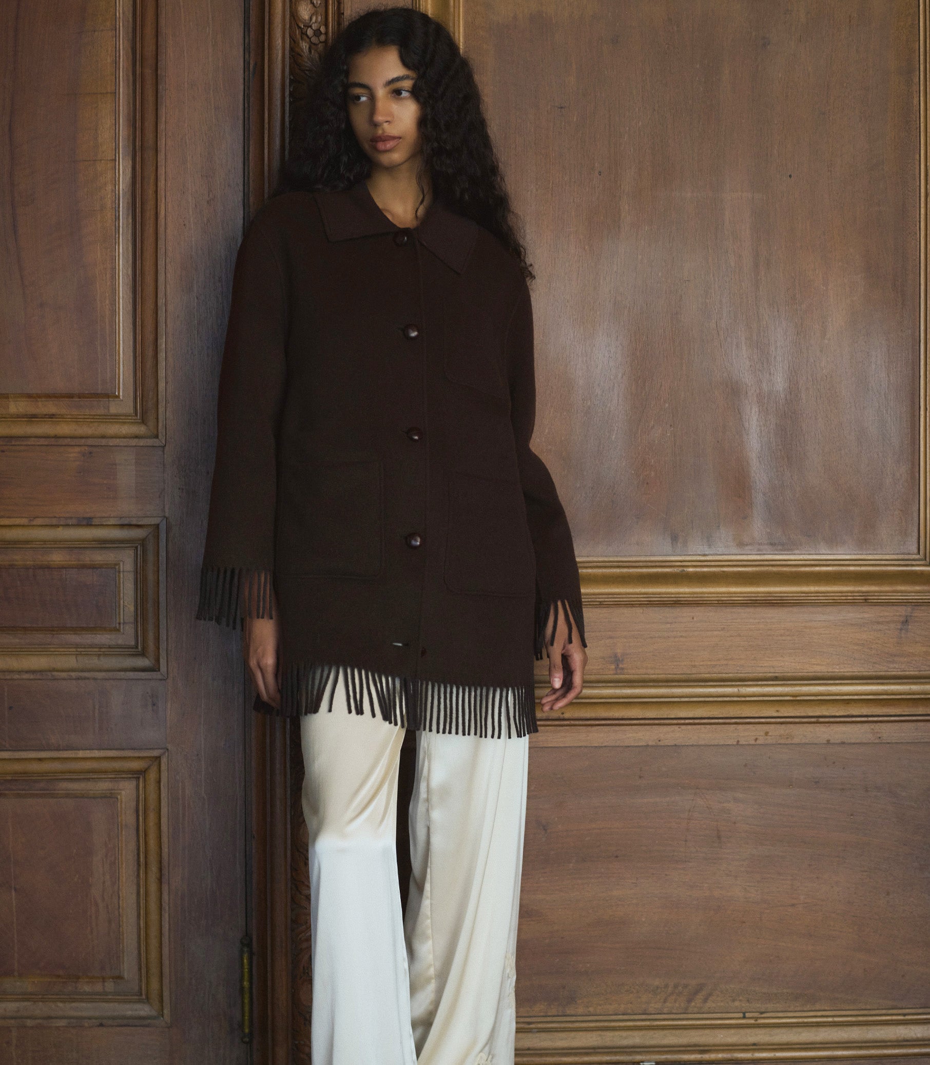 Germain Fringe Coat -- Bitter Chocolate