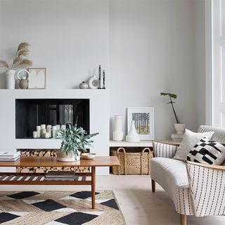 Living room with white wall and cane basket