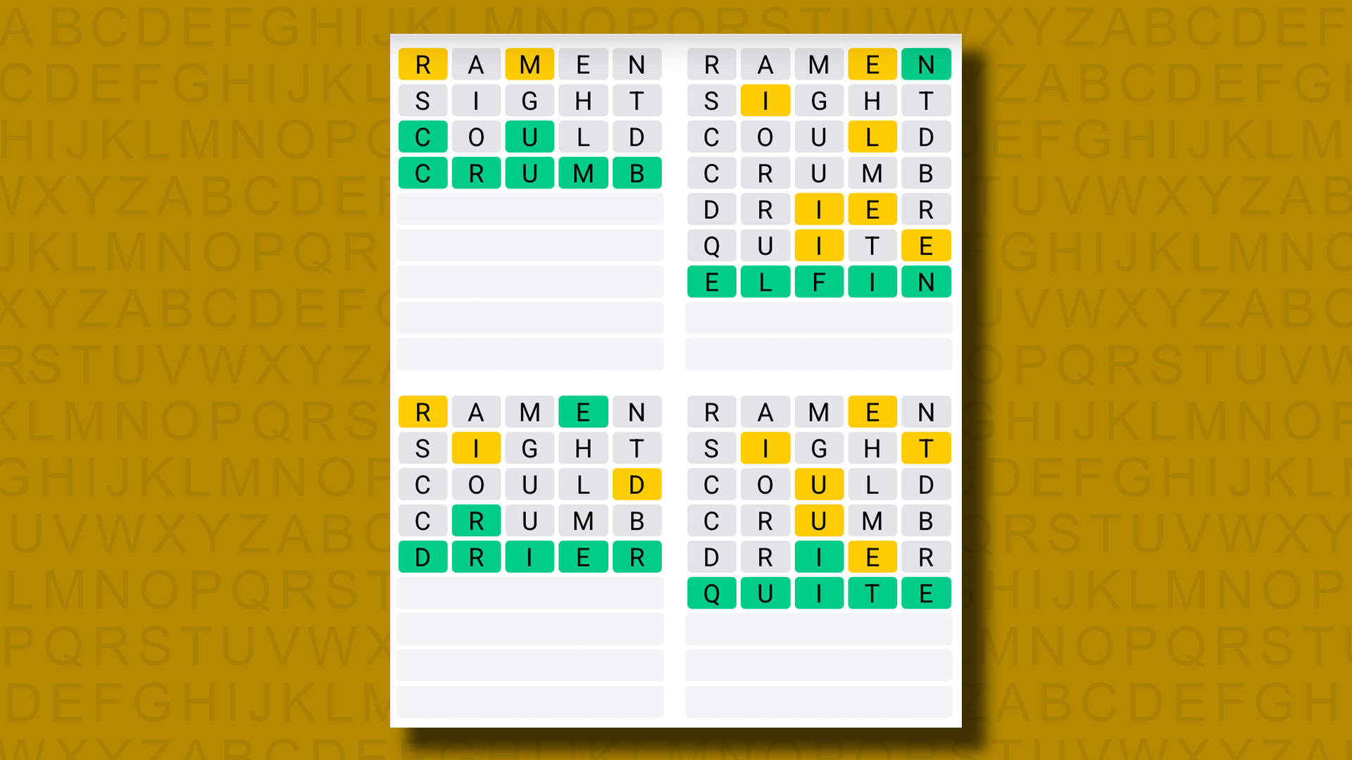 Quordle answers for game 1223 on a yellow background
