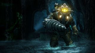 A Big Daddy and a Little Sister in BioShock 2.