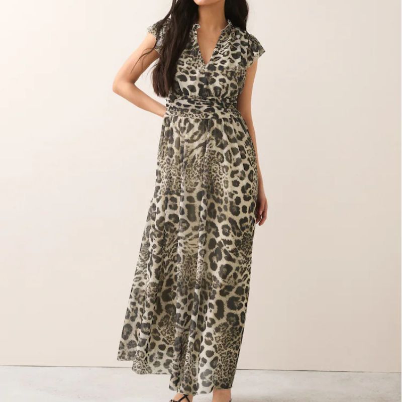 Next , Animal Print Pleated Mesh V-Neck Occasion Maxi Dress