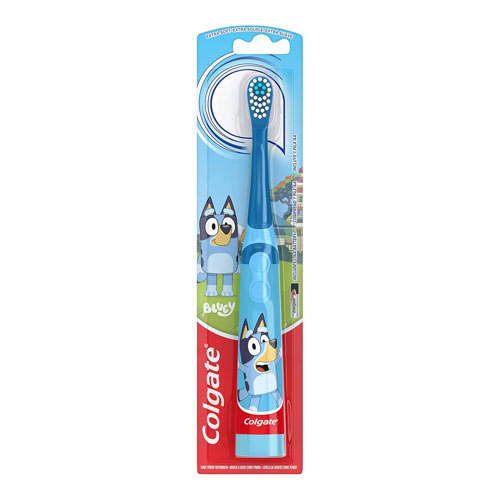 Colgate Kids battery-powered toothbrush with Bluey characters on a white background.