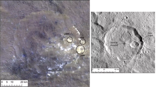 Images of the Consus Crater with the bright yellow ammonium containing material marked yBM