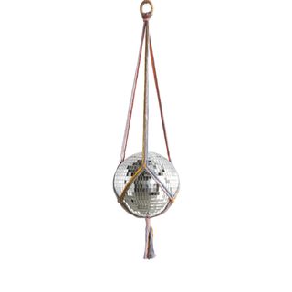 A hanging macrame disco ball