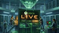 Technicians in a server room work on an Xbox Live console display showing 100% repair status under a glowing Full Connectivity sign in green light.