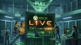 Technicians in a server room work on an Xbox Live console display showing 100% repair status under a glowing Full Connectivity sign in green light.