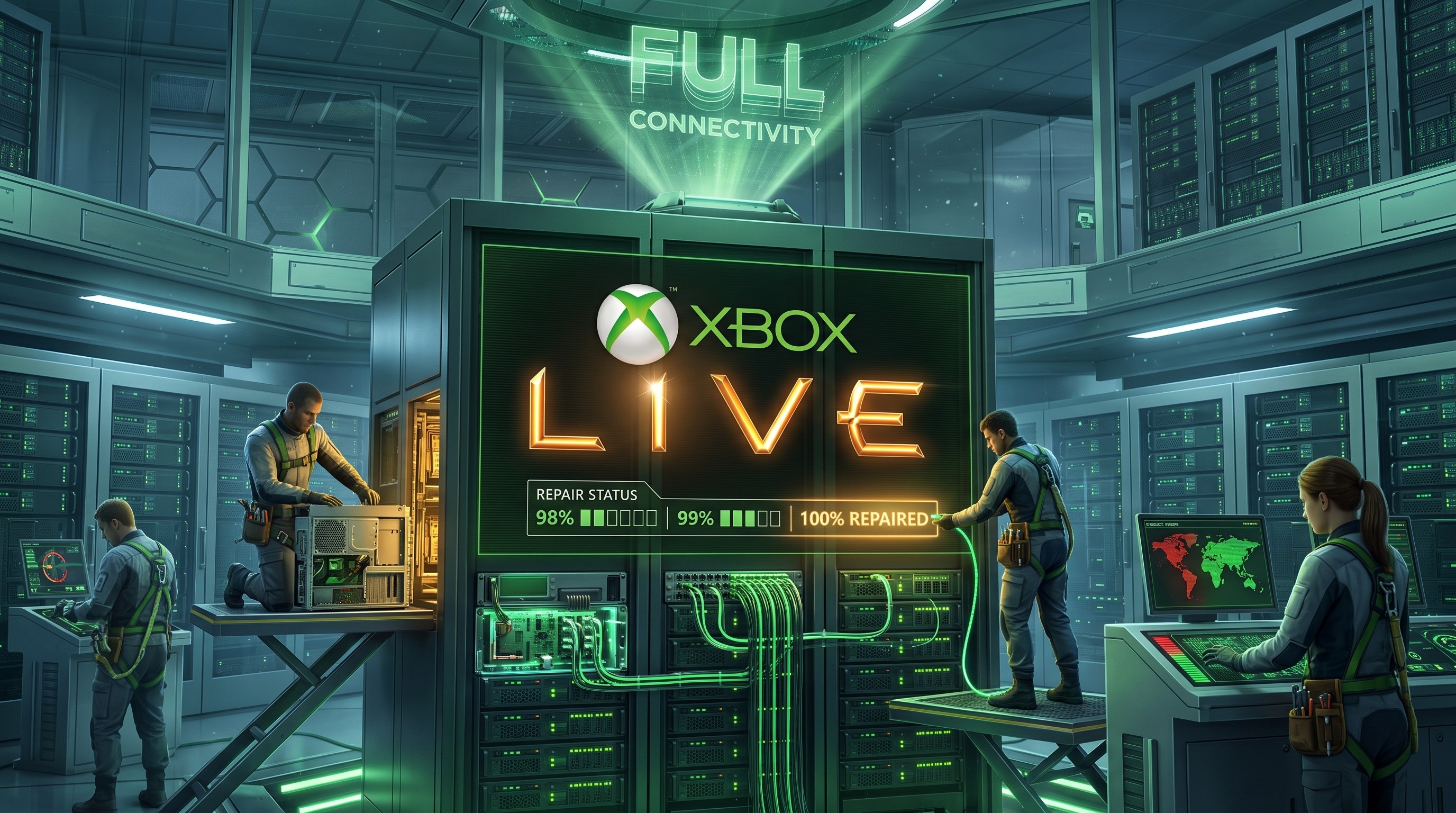 Technicians in a server room work on an Xbox Live console display showing 100% repair status under a glowing Full Connectivity sign in green light.