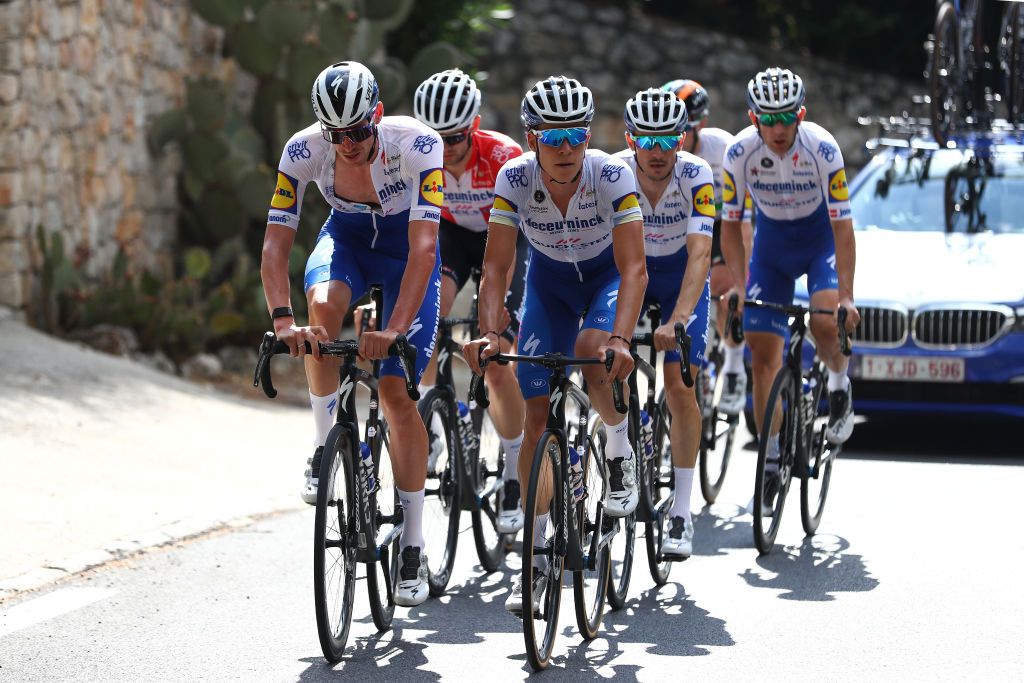 NICE FRANCE AUGUST 27 Tim Declercq of Belgium Bob Jungels of Luxembourg Julian Alaphilippe of France Kasper Asgreen of Denmark Sam Bennett of Ireland Dries Devenyns of Belgium Michael Morkov of Denmark Zdenek Stybar of Czech Republic and Team Deceuninck QuickStep during the Team Deceuninck QuickStep Training TDF2020 LeTour on August 27 2020 in Nice France Photo by Michael SteeleGetty Images