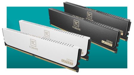 A pair of Team Group DDR5-RAM kits against a teal background with a white border