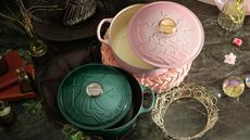 Emerald green and pale pink Wicked embossed Dutch ovens