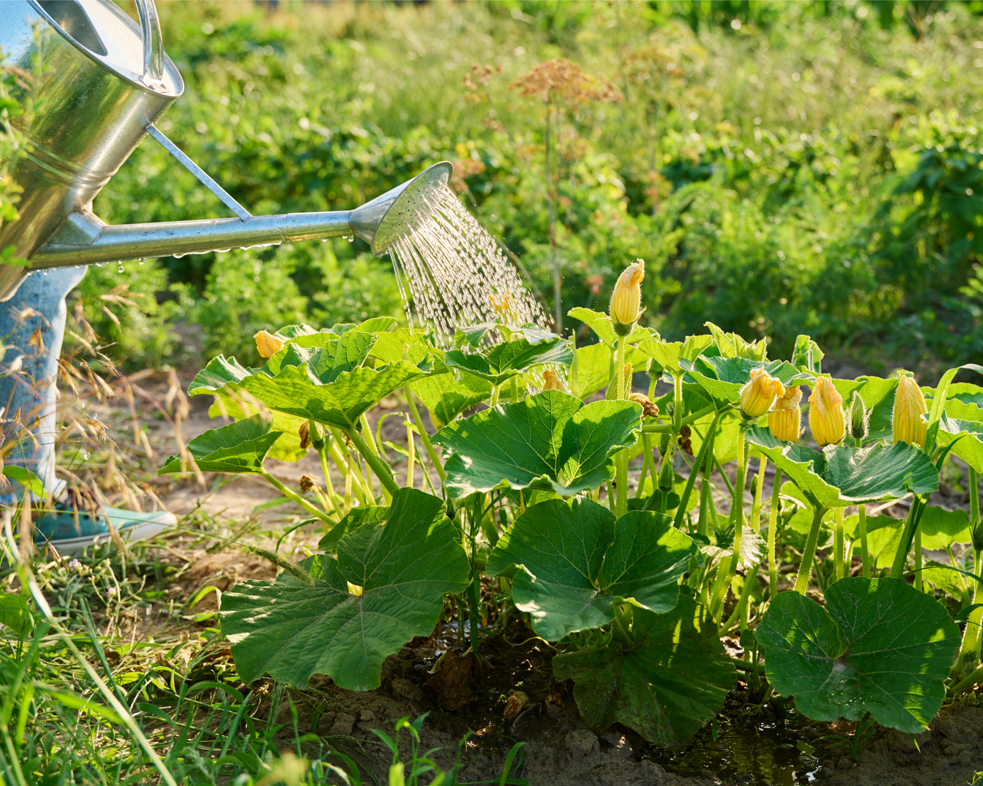 woman using watering can to water pumpkins