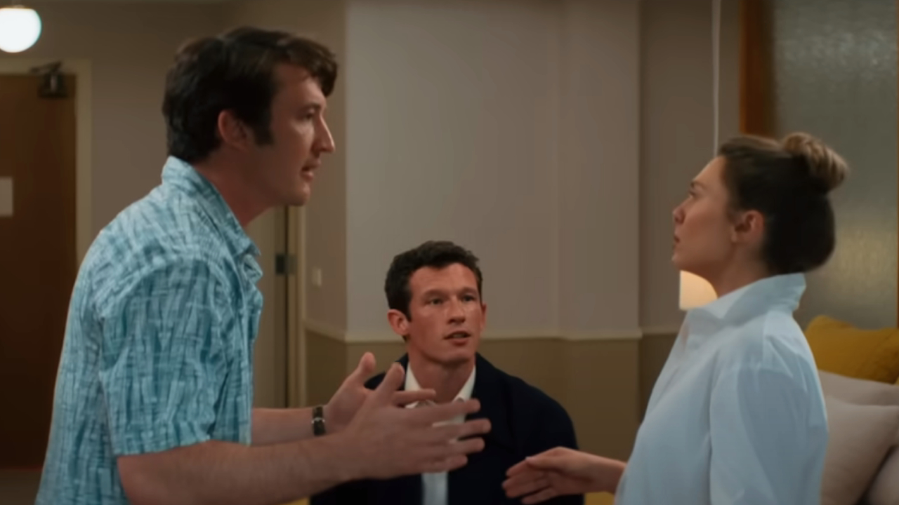 Miles Teller, Callum Turner, and Elizabeth Olsen in Eternity