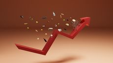 A red arrow going up while various food products float above it.