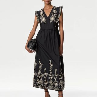 Pure Cotton Embroidered V-Neck Midi Dress