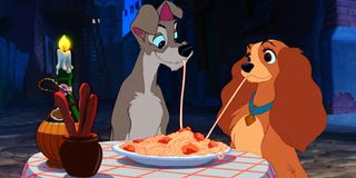 Lady and The Tramp eating spaghetti together at Tony's.