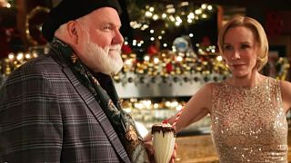 Marty drinks a black and white milkshake in Hallmark's A Carol for Two.