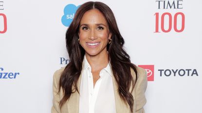 Meghan, Duchess of Sussex, attends the 2025 TIME100 Summit at Jazz at Lincoln Center on April 23, 2025 wearing a Ralph Lauren suit