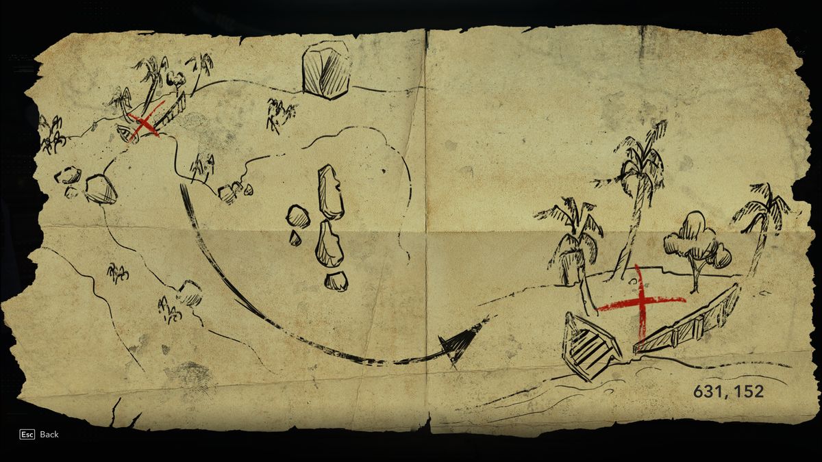 Black Flag treasure maps: A hand-drawn map leading to buried treasure.