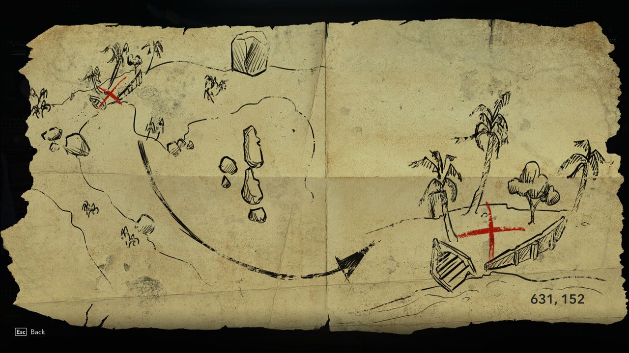 Black Flag treasure maps: A hand-drawn map leading to buried treasure.