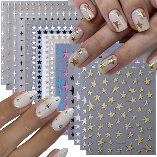 Star Nail Stickers for Nail Art 14 Pcs 3d Shiny Adhesive Y2k Nail Decals Gold Silver Black White Star Charms for Fingernail Toes Small Glitter Starburst Decoration Manicure Supplies for Women