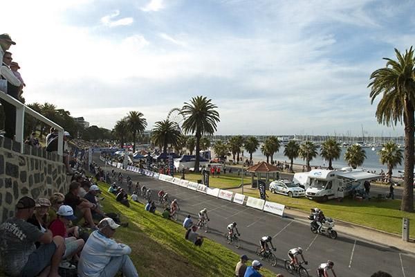 Looking back down the home straight on the hot-dog circuit on Geelong's Ritchie Boulevard during stage three of the Jayco Bay Cycling Classic Series.