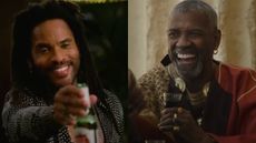 Lenny Kravitz holds up a beer in Shotgun Wedding, while Denzel Washington laughs with a glass of wine in his hand in Gladiator II, pictured side by side.