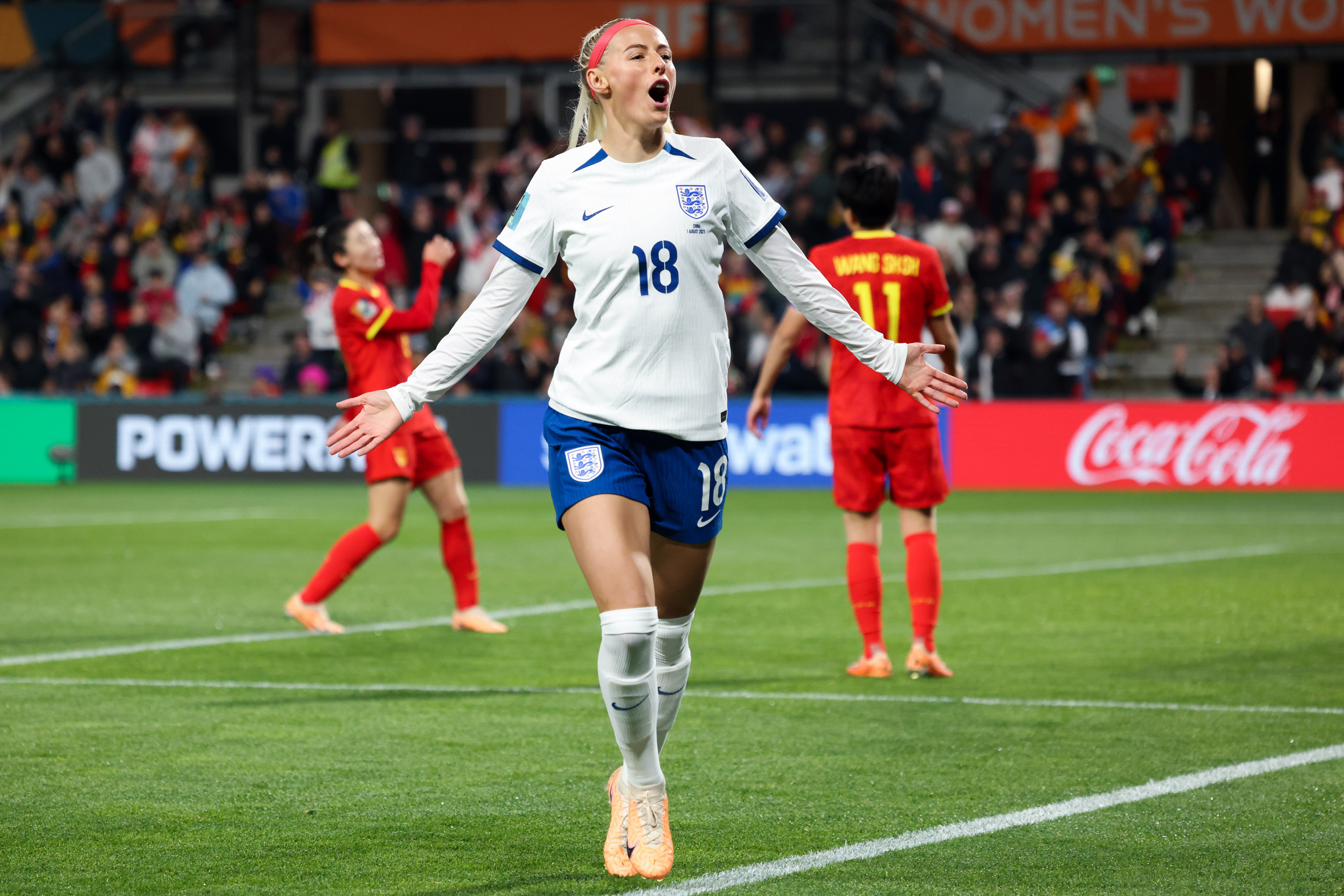 ADELAIDE, AUSTRALIA - AUGUST 01: Chloe Kelly #18 of England celebrates her goal during the FIFA Women&#039;s World Cup Australia &amp;amp; New Zealand 2023 Group D match between China and England at Hindmarsh Stadium on August 01, 2023 in Adelaide / Tarntanya, Australia.