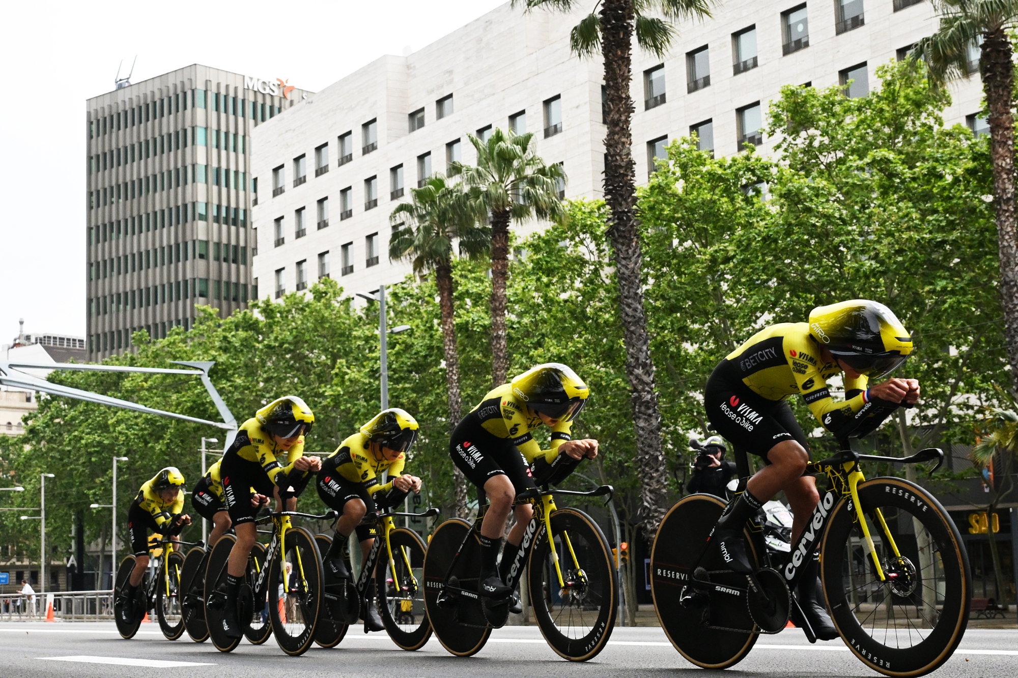 Visma Lease a Bike racing in formation wearing the Giro Aerohead ll