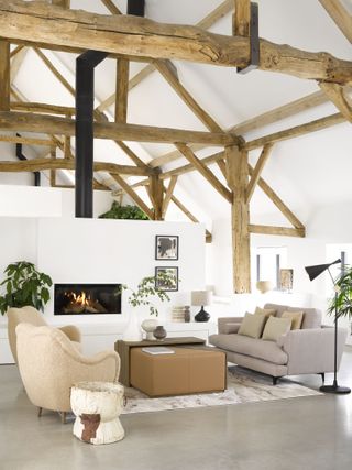 vaulted living room space with large fire in centre