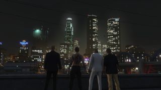 Four characters looking at city skyline