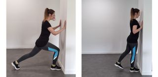 Woman performing backward lunges against wall