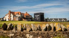 A general view of the Renaissance Club clubhouse, practice green and Genesis Scottish Open sign