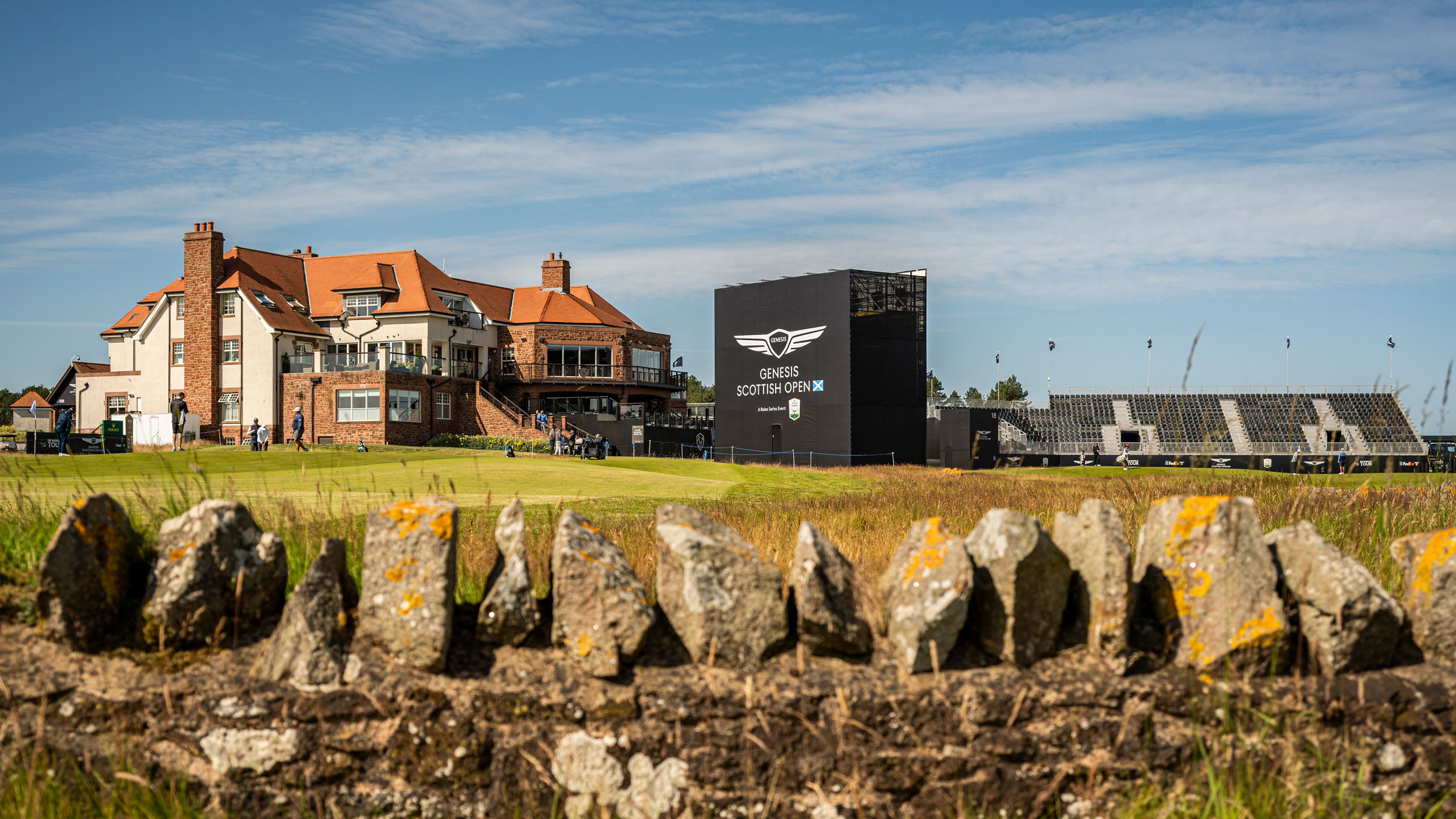 A general view of the Renaissance Club clubhouse, practice green and Genesis Scottish Open sign