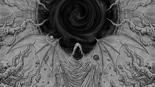 A hooded creature stands in front of a swirling void in a black and while illustration.