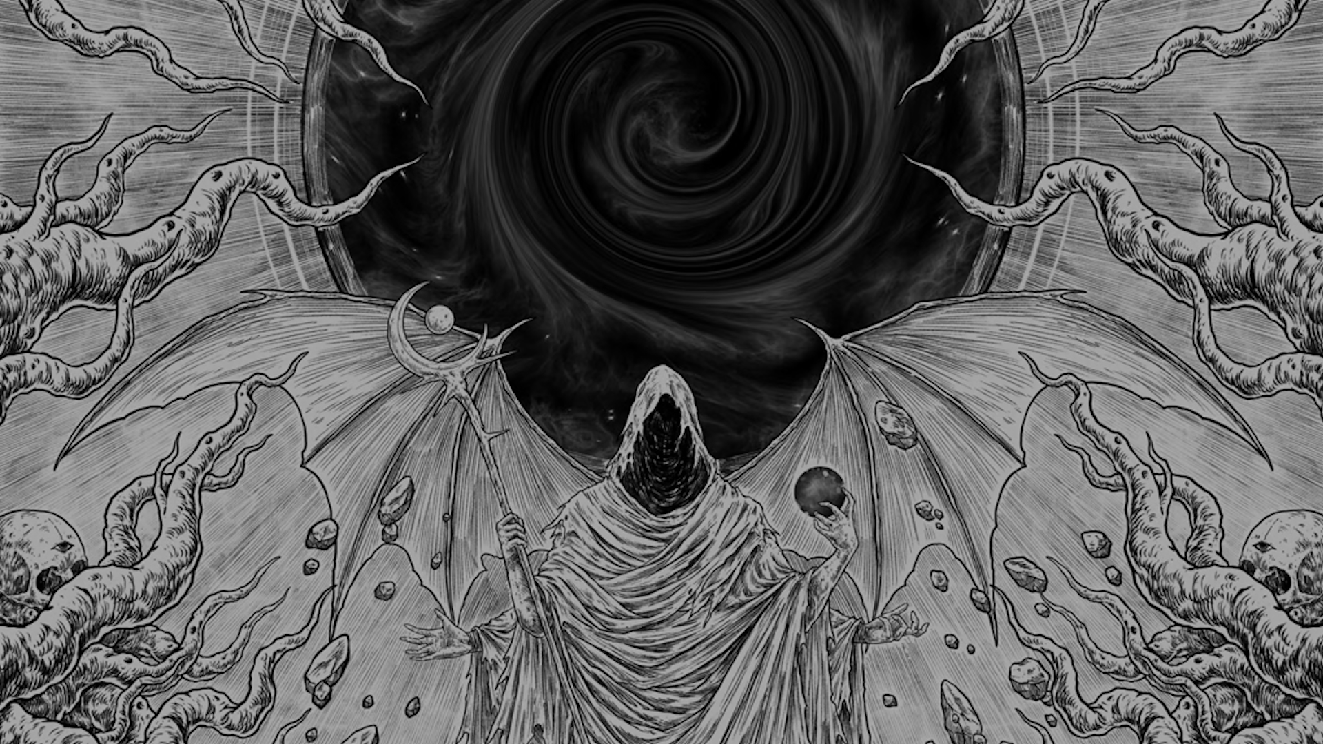 A hooded creature stands in front of a swirling void in a black and while illustration.