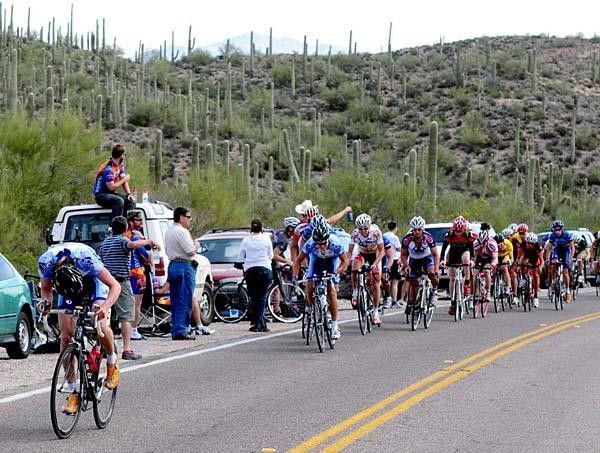 A Gamin Chipotle rider breaks away from the pro men's field at the Tucson Bicycle Class circuit race.