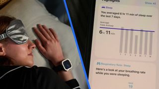 A split screen showing an image of a woman wearing an Apple Watch sleeping and an image of an iPhone 15 displaying an average sleep duration of 6 hours and 11 minutes in the Health app. 