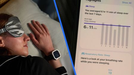 A split screen showing an image of a woman wearing an Apple Watch sleeping and an image of an iPhone 15 displaying an average sleep duration of 6 hours and 11 minutes in the Health app. 