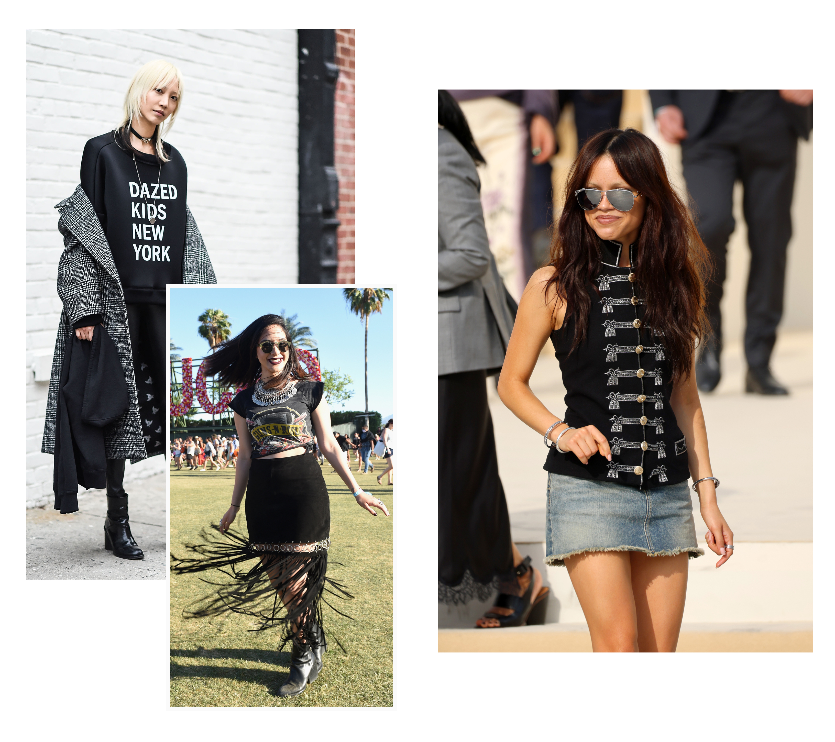 a collage of woman in 2016 wearing a black graphic tee shirt at new york fashion week, a woman at coachella wearing a graphic tee shirt and fringe skirt, and jenna ortega at dior spring 2026 show in a military vest and denim skirt