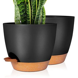 Gardife Plant Pots Set of 2 Pack 8 Inch,planters for Indoor Plants With Drainage Holes, Modern Decorative Flower Pots for All House Plants, Flowers, Black&brown