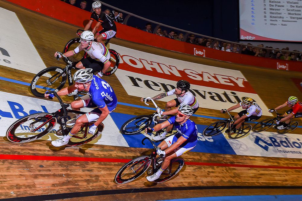 Riders compete in the Madison during the opening night of the Gent Six day