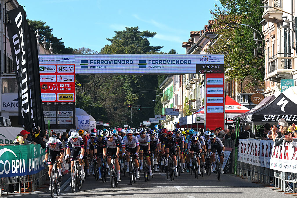 VARESE, ITALY - OCTOBER 07: A general view of the peloton competing during the 104th Tre Valli Varesine 2025 a 200.3km one day race from Busto Arsizio to Varese on October 07, 2025 in Varese, Italy. (Photo by Tim de Waele/Getty Images)