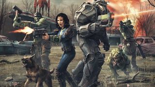 box art of the Fallout Wasteland Warfare starter set showing a vault dweller and a person in power armor in combat