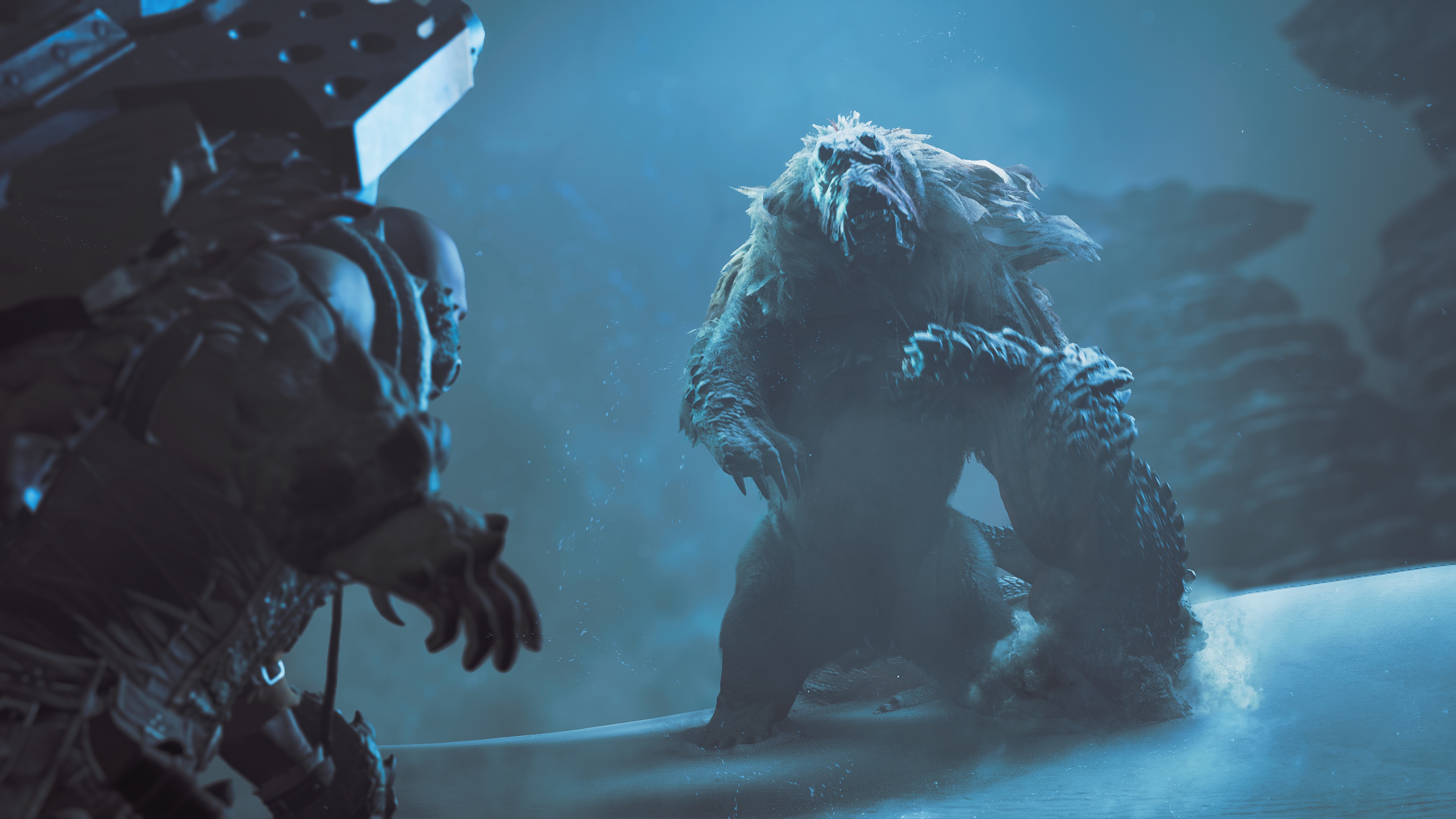 In-game cinematic screenshot of a player confronting a Doshaguma in Monster Hunter Wilds