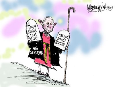Political Cartoon U.S. Jeff Sessions Russia lying commandments