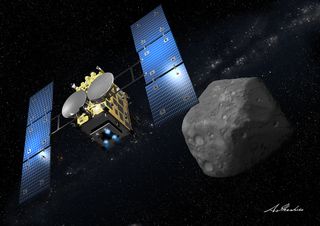 An artist's illustration of Japan's Hayabusa2 spacecraft arriving at asteroid 1999 JU3 in 2018.