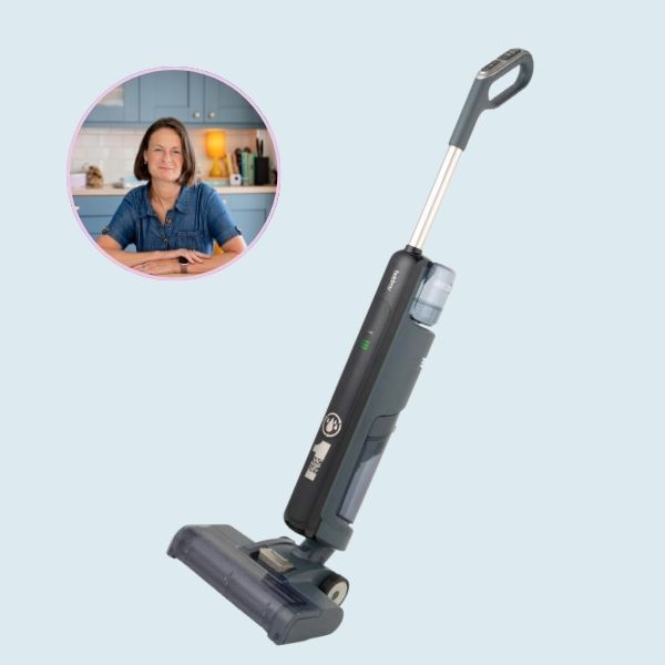Beldray All-in-One Multi-Surface Floor Cleaner standing upright, with an inset portrait of the tester alongside the product.
